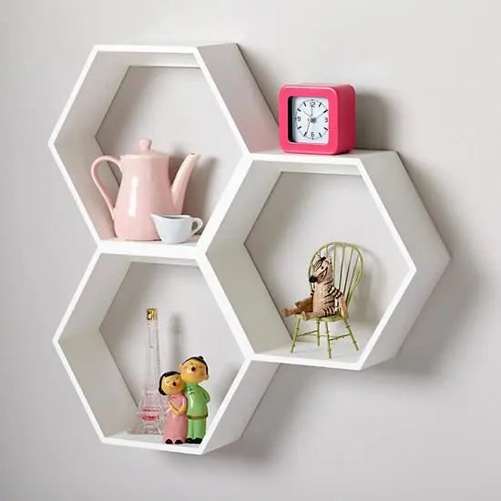 Hexagonal white shelves.