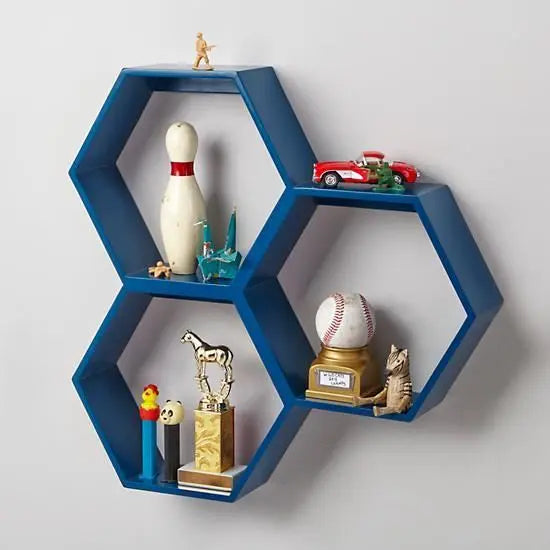 Blue hexagonal shelves.