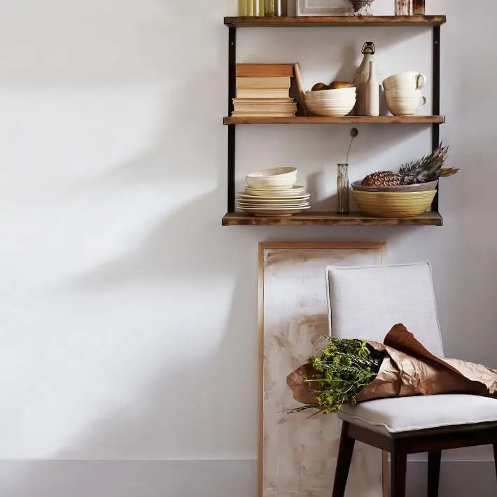 Solid mango wood and Metal Three shelf industrial wall rack for keeps books and other decorative items.
