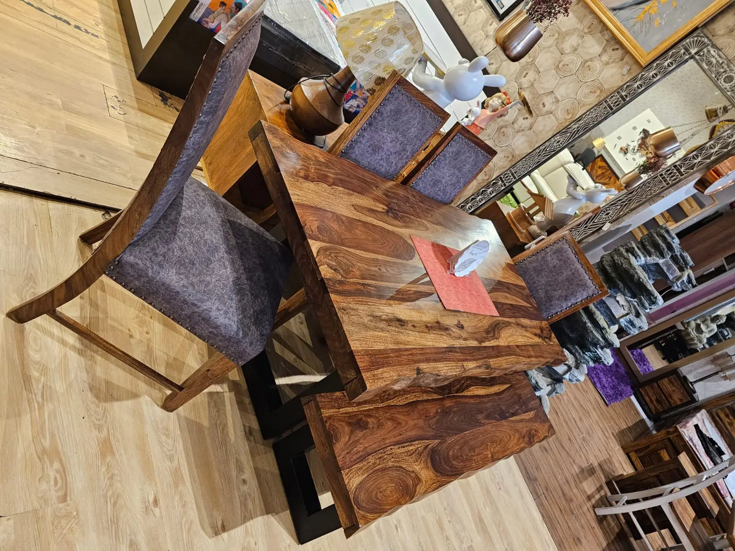 Six seater Wooden dining table with four chairs, and bench.