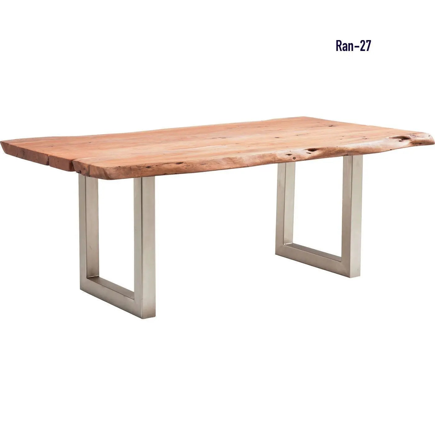 Wooden live edge dining table with metal legs.