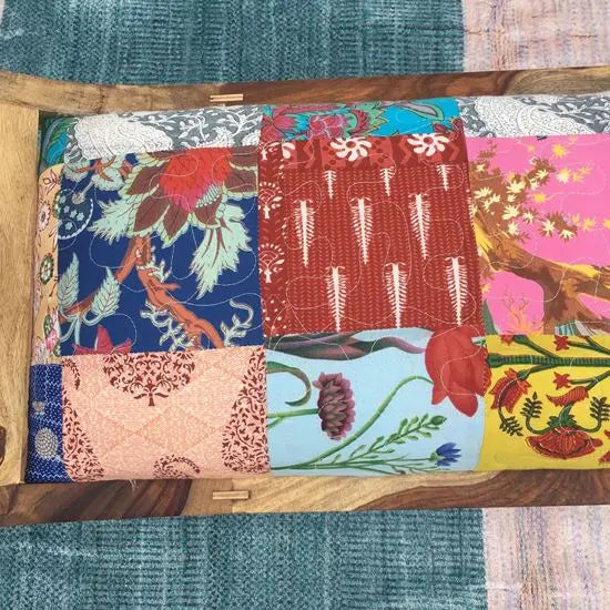lotus bench two seater in two tone finish with cotton patch fabric made in Solid sheesham wood.