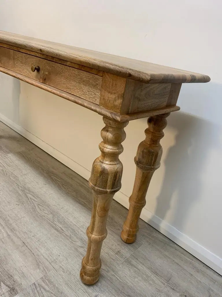 Solid mango wood Two drawer long top four carving leg Lowe console table.
