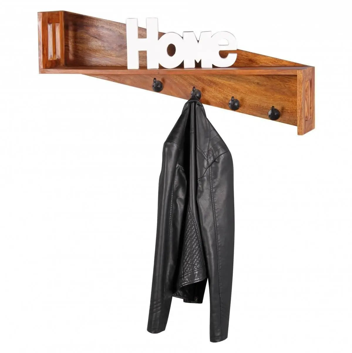 Solid sheesham wood shelf with four hooks Mendel shelf with hooks.