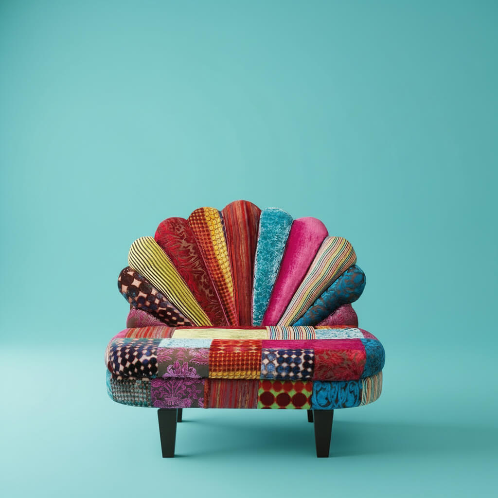 A colorful, patchwork fabric covered Peacock Sofa with a unique peacock wing styled backrest.