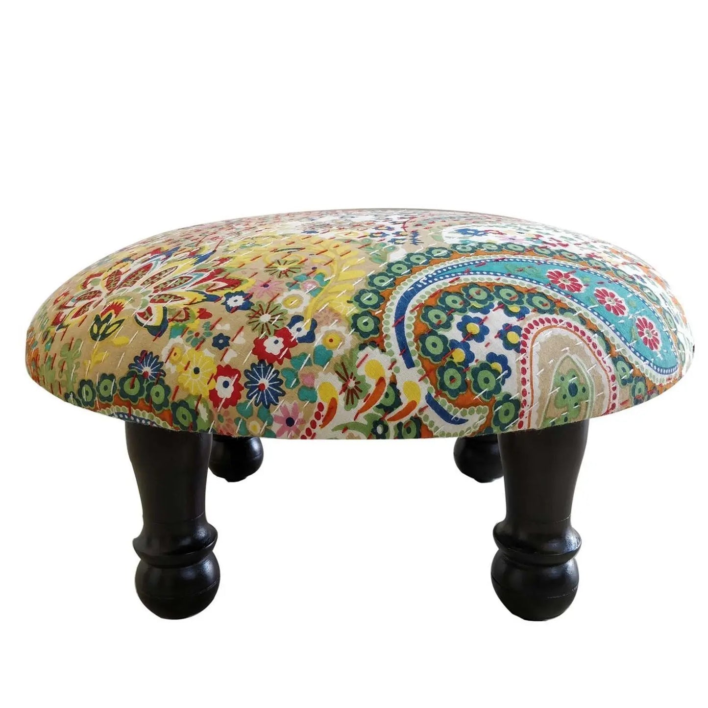 Solid Wood Round Shaped Carving Leg Pejali Chowki cream.