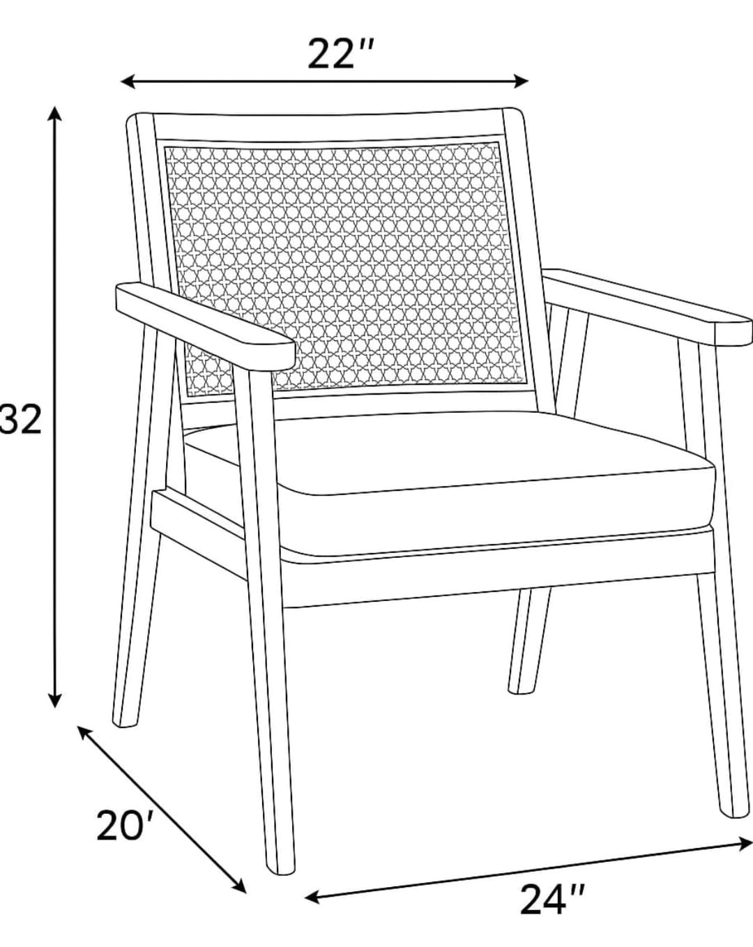 Black and white line drawing of an armchair with dimension arrows and labels showing 32 inches height, 22 inches back width, 20 inches leg width, and 24 inches seat width.