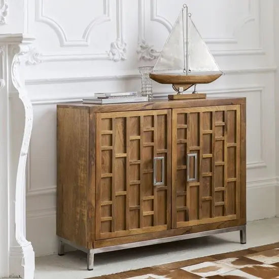 Two Door With SS handle Ran Two Door Sideboard Made in Solid Mango Wood and SS Frame.