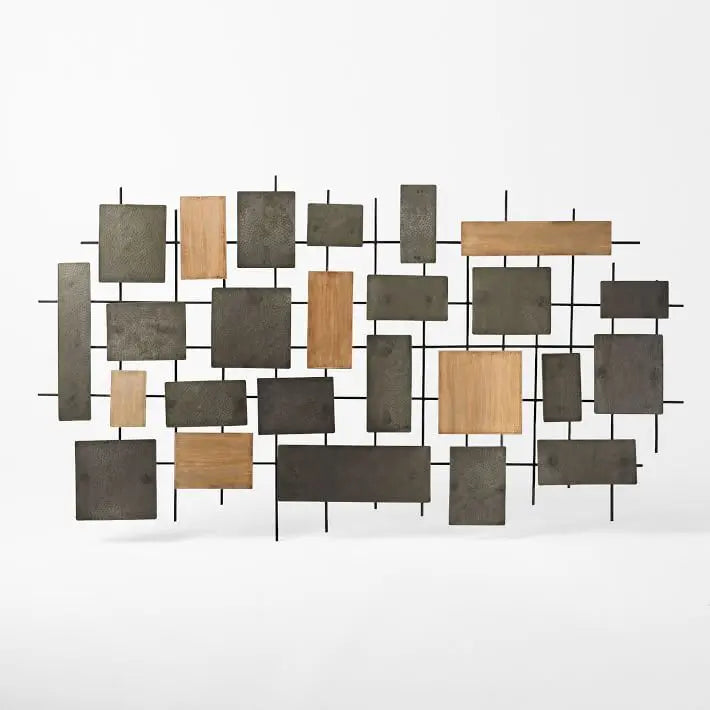 Modern wall art with geometrically arranged wooden panels and Metals.