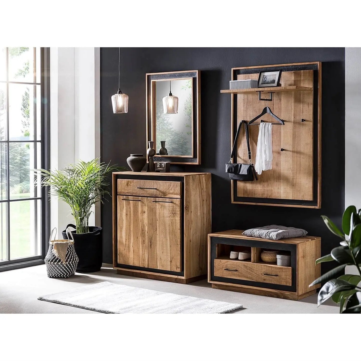 Solid Acacia Wood Wall Hanging Shelves With Six Hooks and One metal Pipe For Hanging Coats.