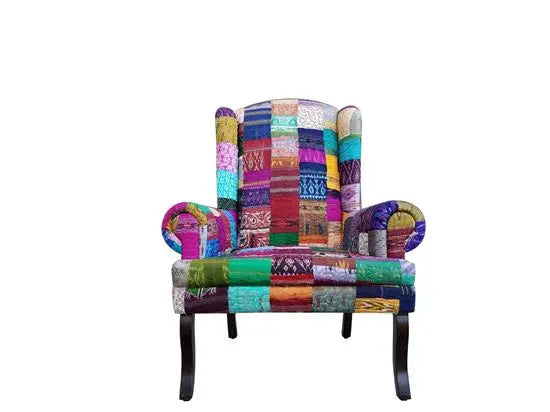 Sheesham Wood Multicolour silk patch wing chair in Walnut finish.