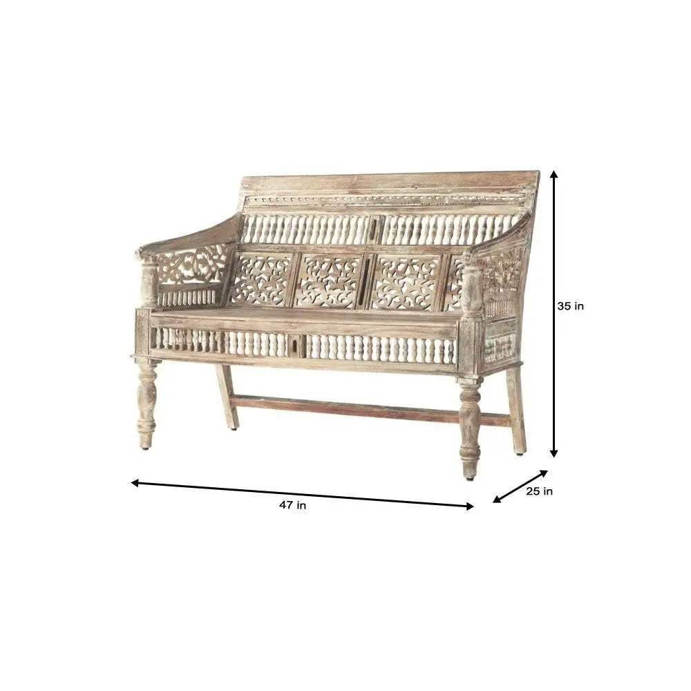 Intricate Carving and Ghirlee Design Vintage Two Seater Sofa Made in Solid Sheesham Wood.