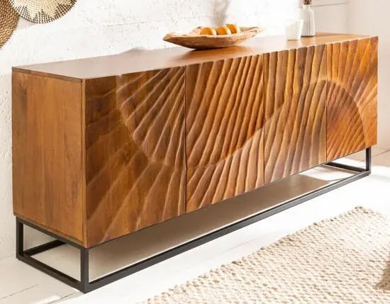 Mango wood and metal frame intricate carvings design four door wave long buffet.