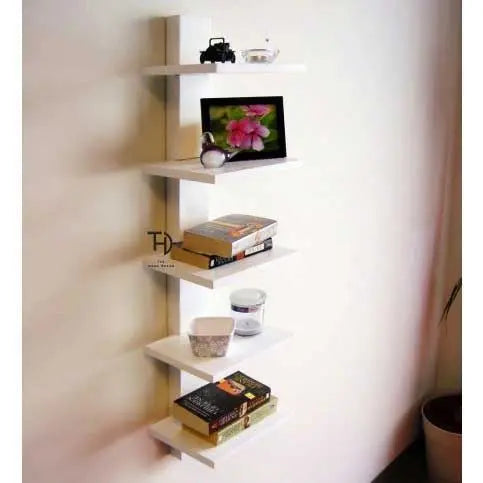 Solid Sheesham Wood Five white floating shelves.