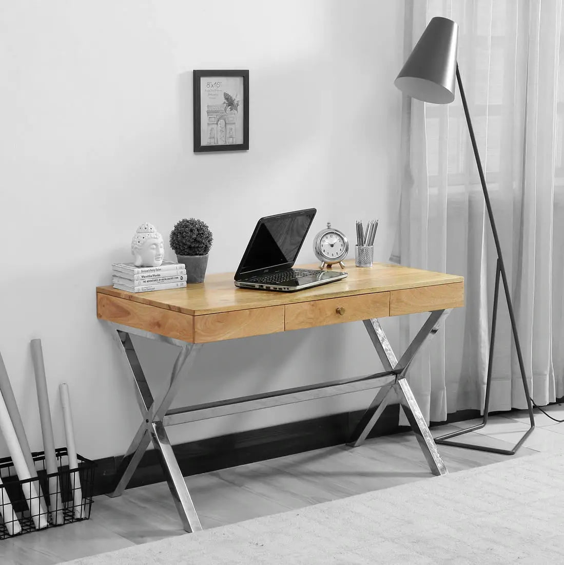 One Drawer Xtriva Study Desk Natural Made in Solid Mango Wood and Stainless Steel Frame.