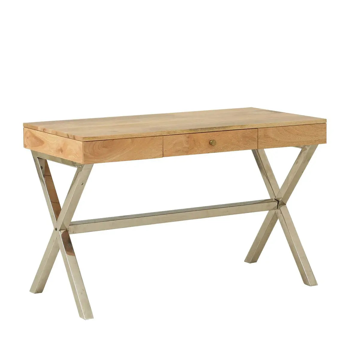 Wooden desk with X-shaped Stainless Steel legs.