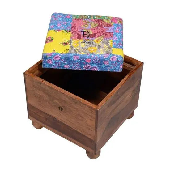 Solid sheesham wood Zango Stool with storage in natural finish.