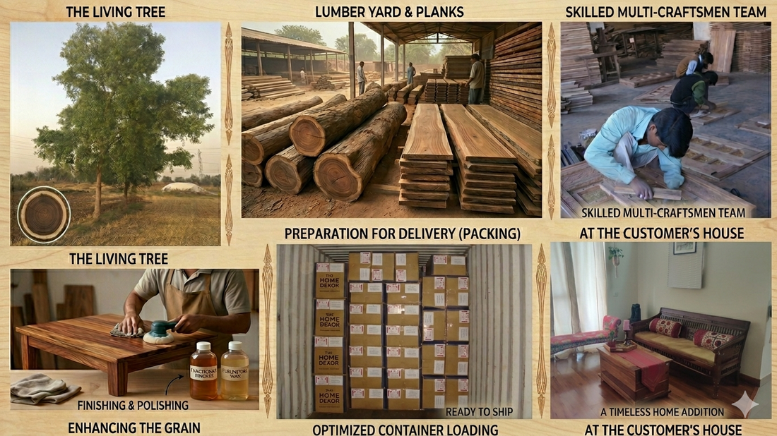 Handcrafted Sheesham wood furniture showing natural wood grain