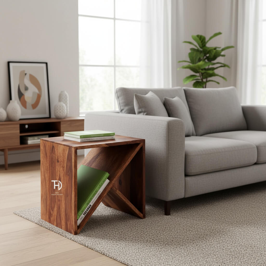 T- Cube Wooden End Table Made in Solid Sheesham Wood. 