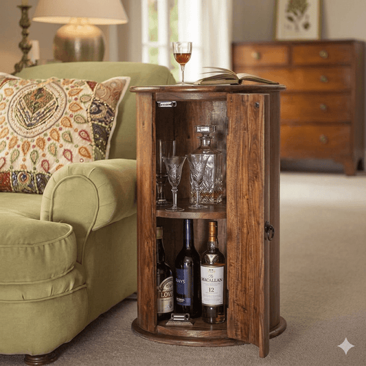 One Door With Two Shelf inside Acropolis Round End Table Made in Solid Sheesham Wood. 
