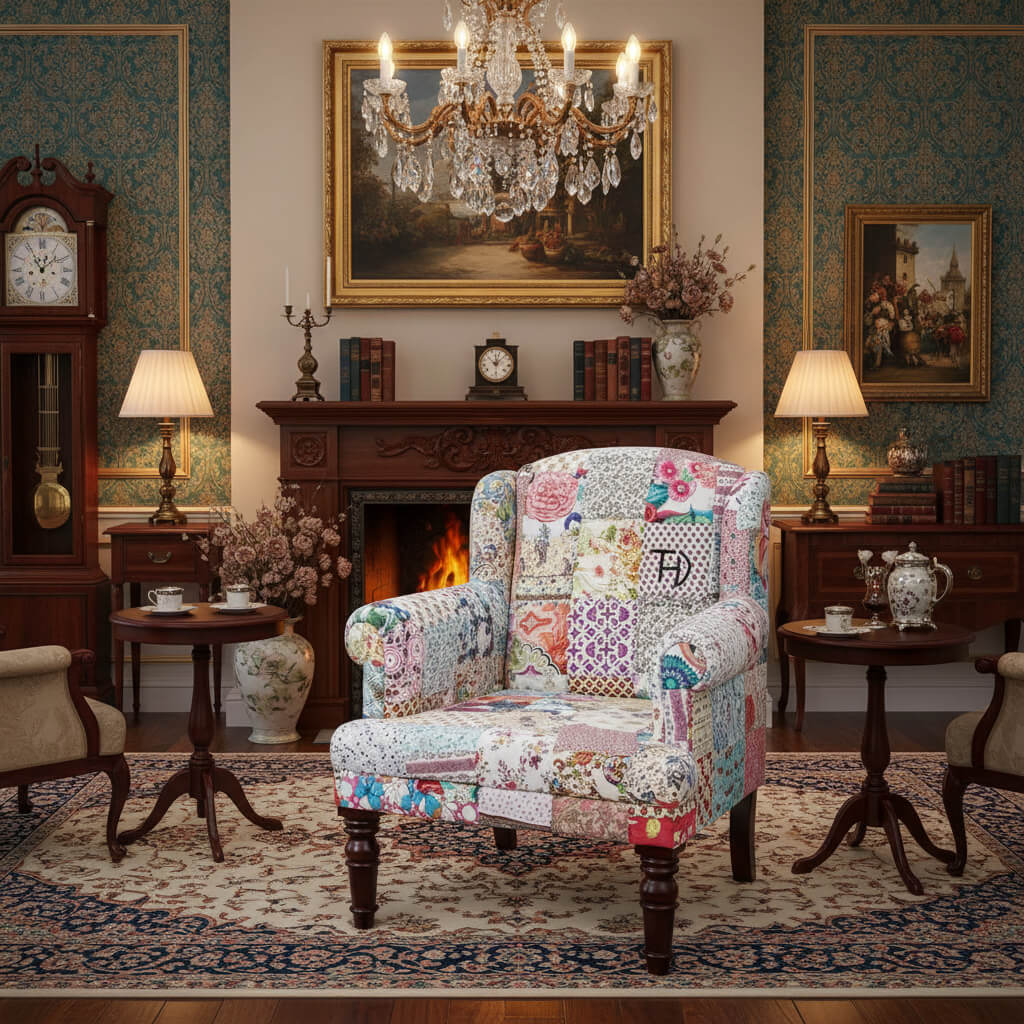 A Maharaja sofa with a multicolor patchwork design, featuring round wooden legs and an armrest, intended for indoor use.