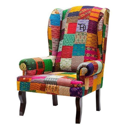 Multi colour silk patchwork wing chair