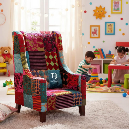 A colorful patchwork fabric kids sofa made with Sheesham wood.