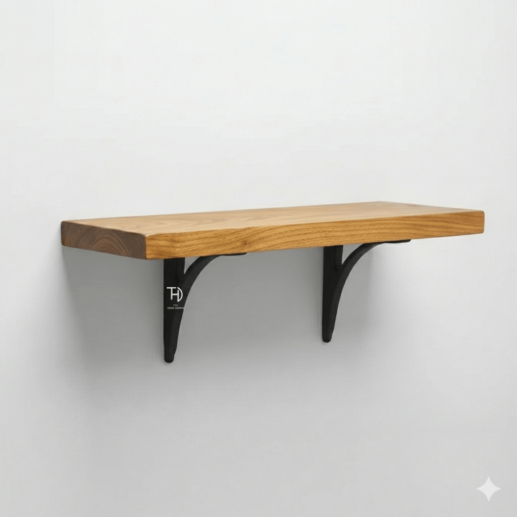 A wall-mounted shelf with a mango wood top and black metal brackets. Simple and strong wall rack.