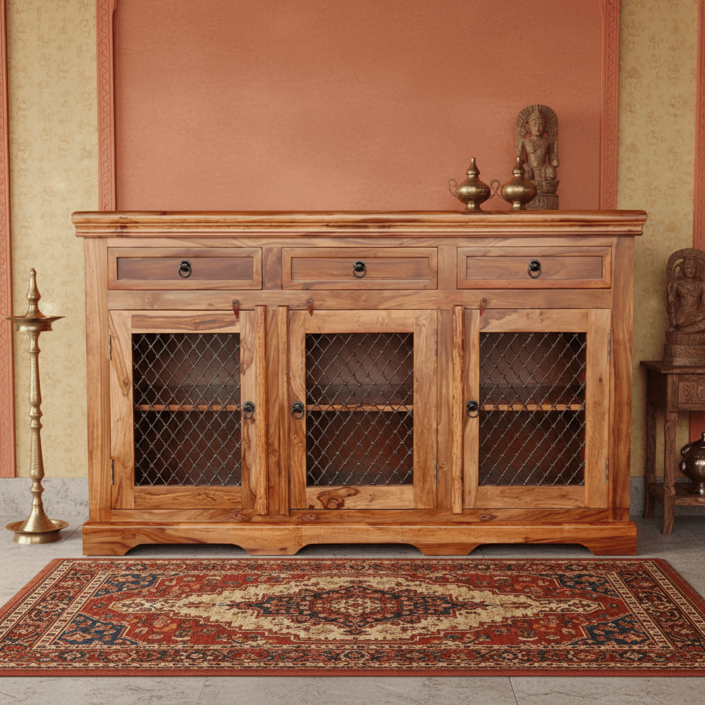 A wooden sideboard with three drawers and three doors with handmade iron jali featuring a geometric pattern.