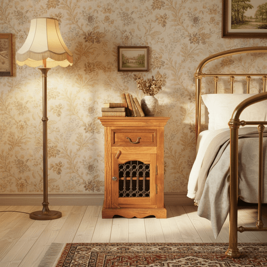 Solid Wood One Jali Door and One Drawer Vintage Jali Bedside Table. 