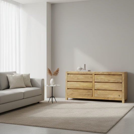 A brown wooden chest of drawers with Six multiple compartments. Made in Sheesham wood, made in India.