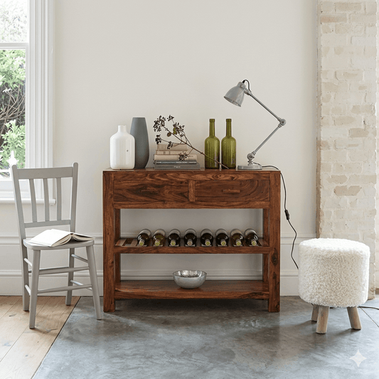 Two Drawer Two Open Shelf Latin Console Made in Solid Sheesham Wood. 
