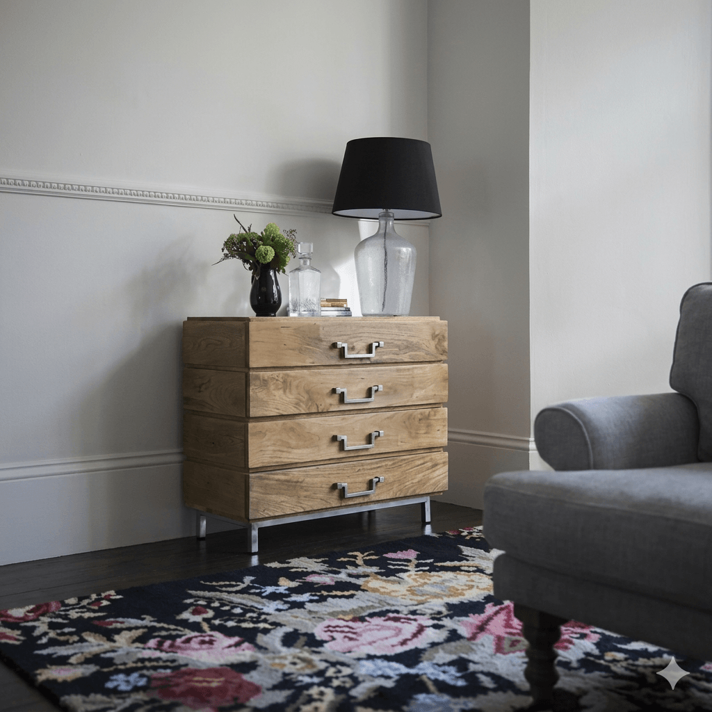 A wooden chest of 4 drawers with a stainless steel base.