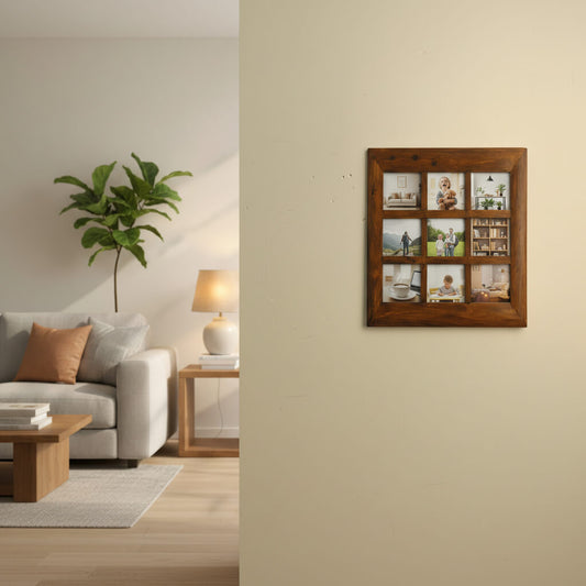A wooden photo frame with a nine-window design, crafted from Sheesham wood, with a rich honey finish.