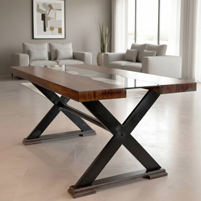 Modern dining table with wooden top and metal X-shaped legs.