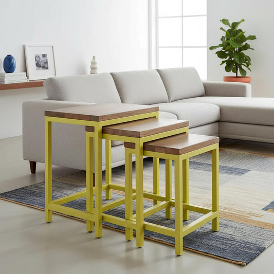 Bois Nesting Table Set 3 Pcs Made in Solid Mango Wood Top and Metal Frame. 