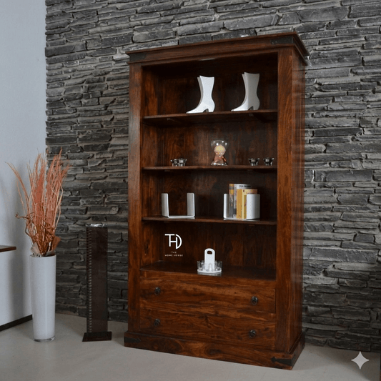 Solid Wood Four Open Shelf and Two Drawer Antique Bookshelf. 