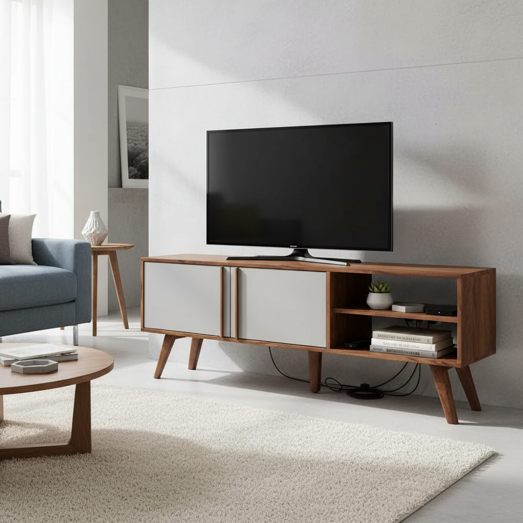 A Alviro Tv Cabinet with two doors and two open shelves, featuring a brown wood finish and a simple, modern design.