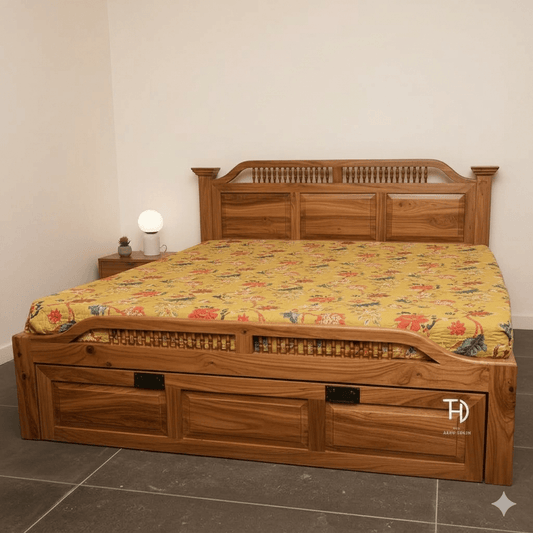 A traditional design Amaanat Storage Bed made of Sheesham wood with a warm walnut finish, featuring a floral patterned bedsheet and storage drawers at the foot.
