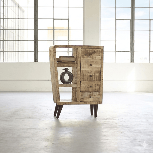 Solid Wood Three Shelf Five Drawer Rustic Sideboard. 