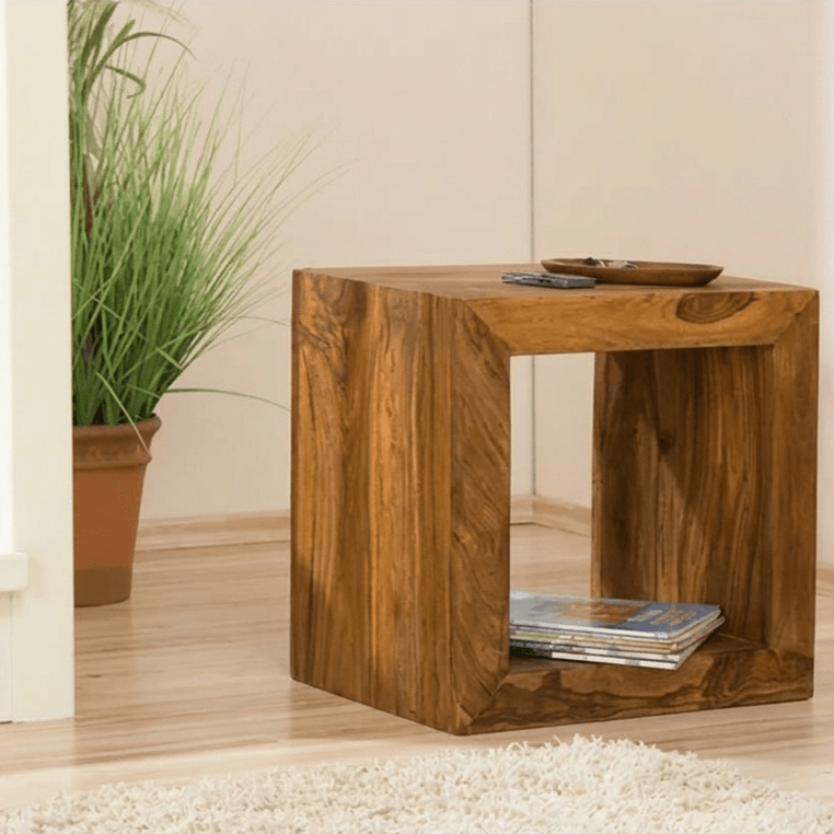 A Cube Side Table made of sheesham wood with a natural finish. 