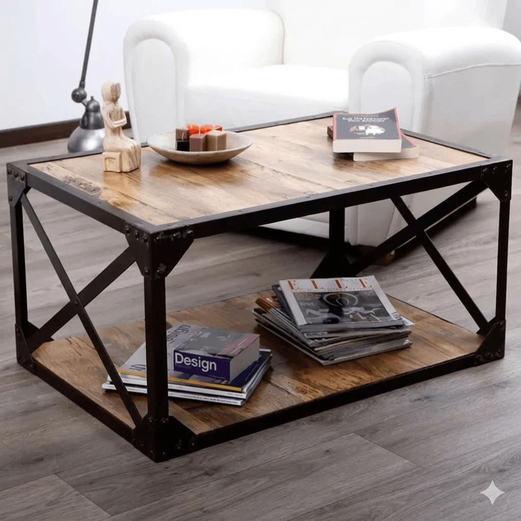 An industrial style coffee table with a metal frame and mango wood top and shelf.