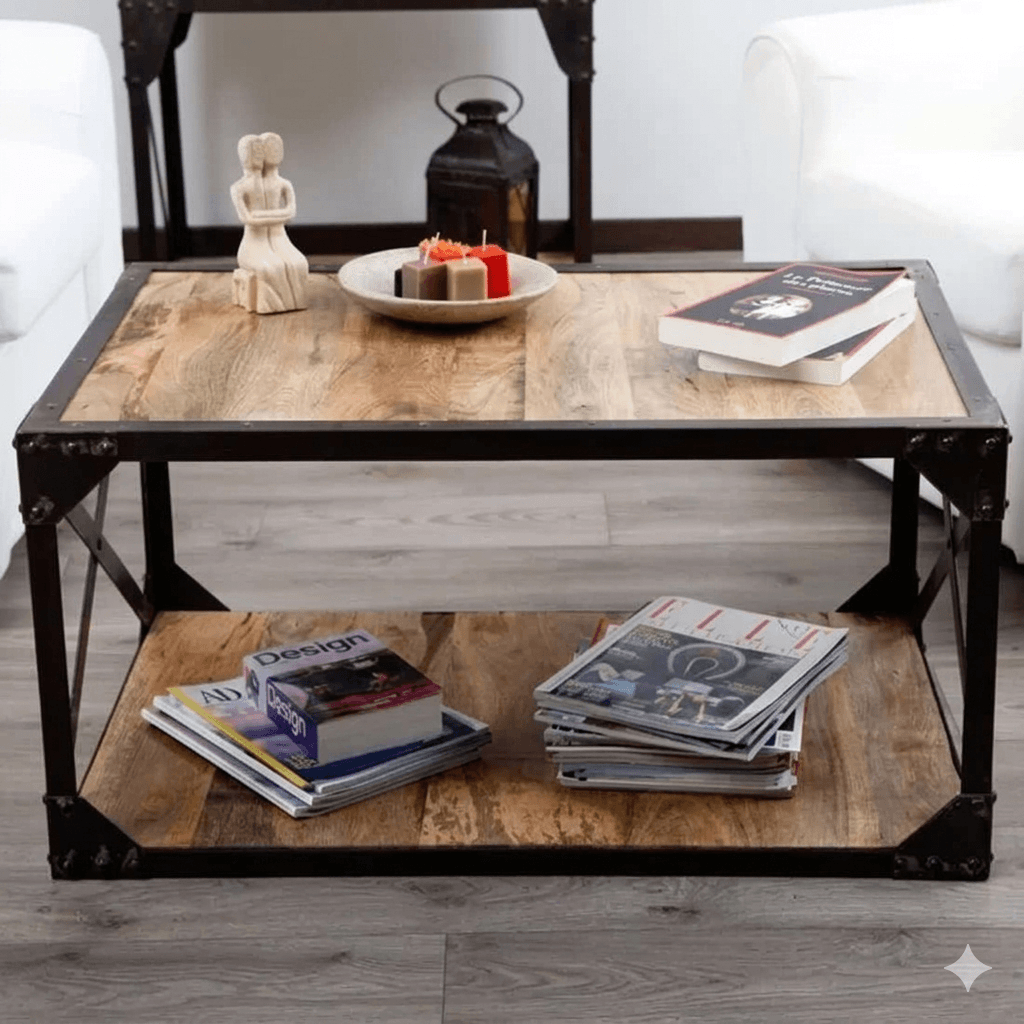 Industrial Style two shelf with side x design Devi industrial coffee table made in Solid mango wood and Metal Frame.  
