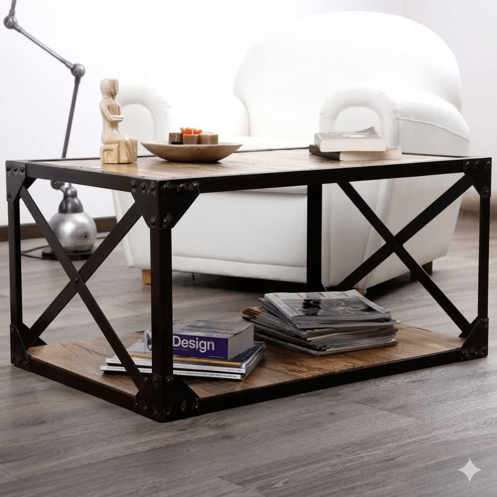 Solid mango wood and Metal Frame  Industrial Style two shelf with side x design Devi industrial coffee table.