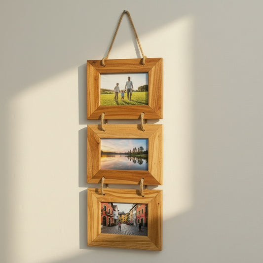 A set of three wooden photo frames with a natural finish, hanging from ropes.