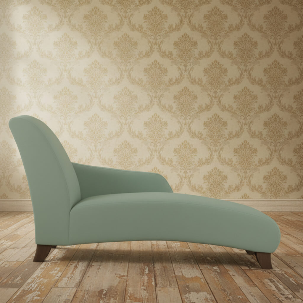 A green Erica Lounger made with a sturdy Sheesham wood frame and covered in olive green fabric.