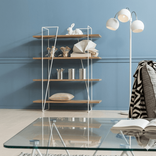 Four Open Shelf Olee Bookshelve Made in Solid Mango Wood and Metal Frame. 