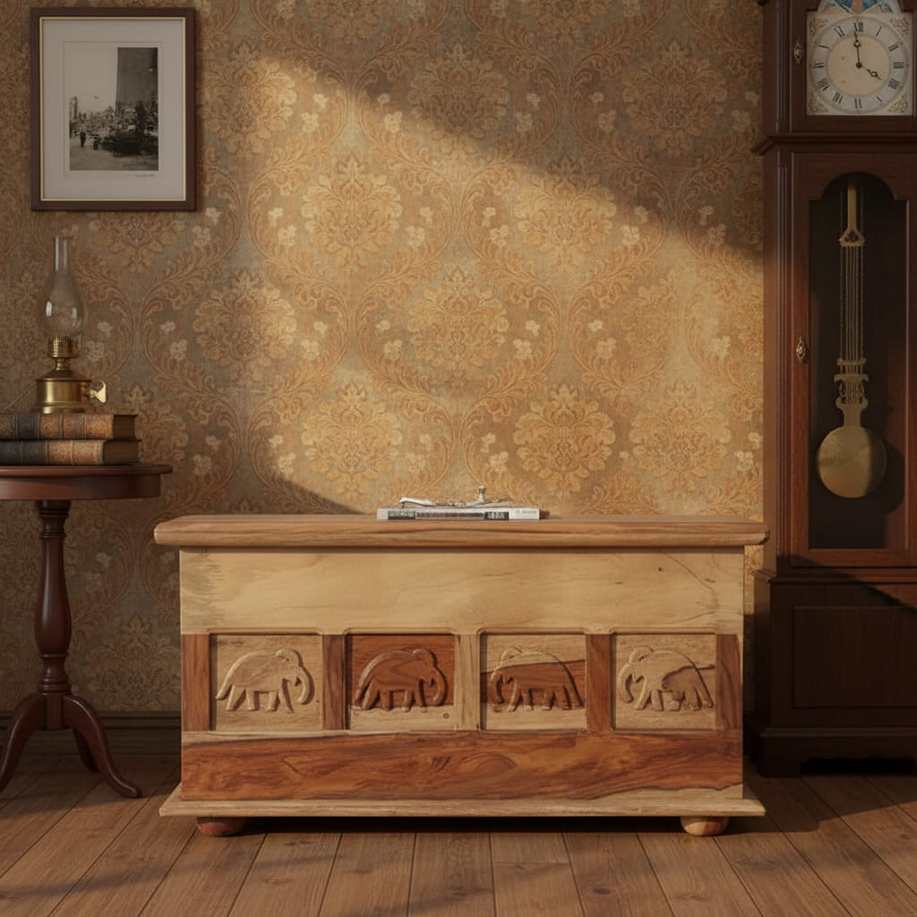 A solid Sheesham wood storage trunk with elephant carvings and a vintage style lock.