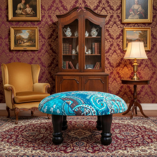 A round upholstered stool with a blue and brown paisley pattern fabric on top and dark wooden legs.