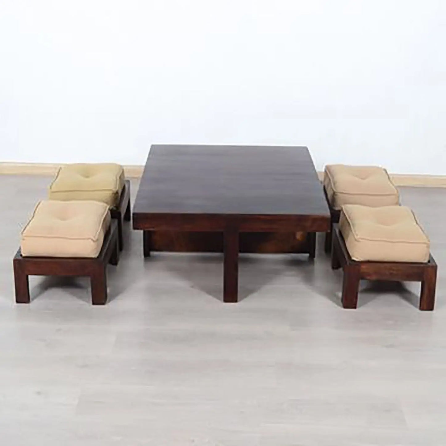 Sheesham Wood Quatro vingal coffee table with Four cushion stool. 